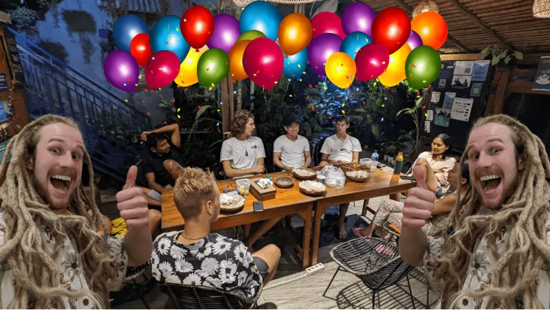 group of people around a table talking and 2 photos of Shaggy left and right doing a thumbs up, with balloon animations at the top