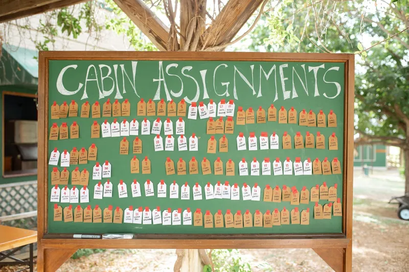 a blackboard that says 'Cabin Assignments' with little tags