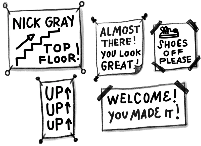 Party signs giving directions to guests.