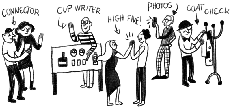 Guests having different roles in the party.