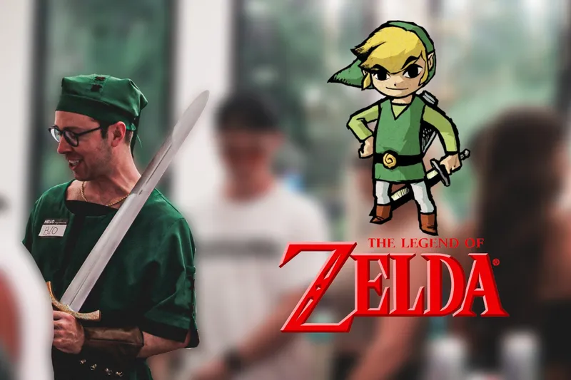 nick gray in zelda costume and zelda logo