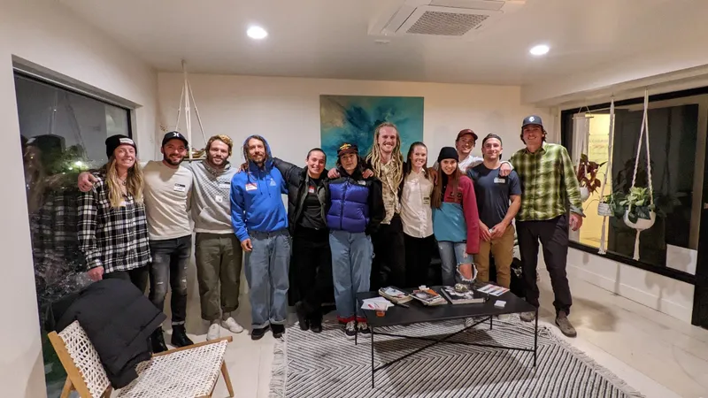 group of people with name tags smiling