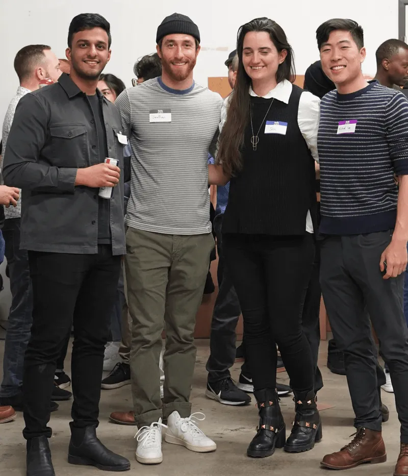 Office party guests wearing name tags
