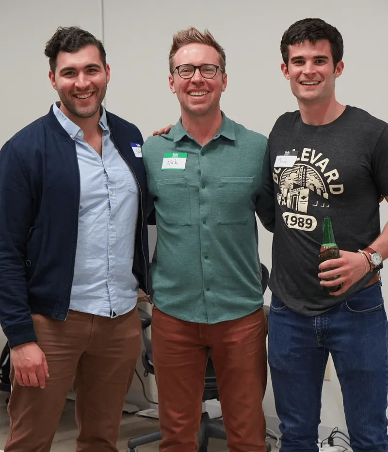 Office party guests wearing name tags