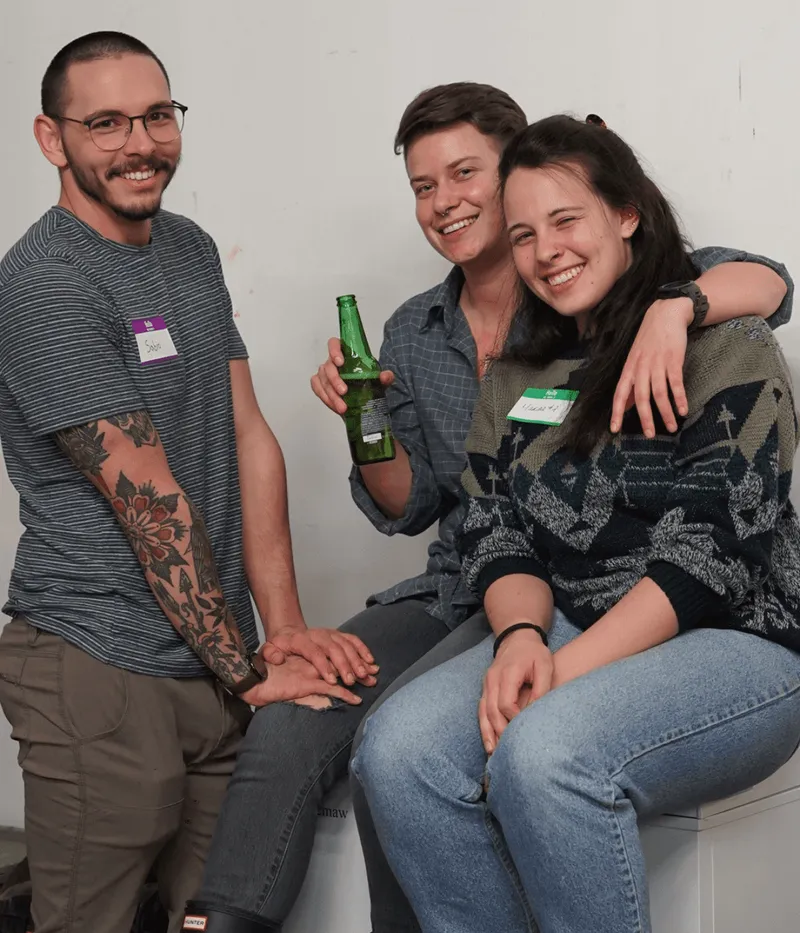 Office party guests wearing name tags