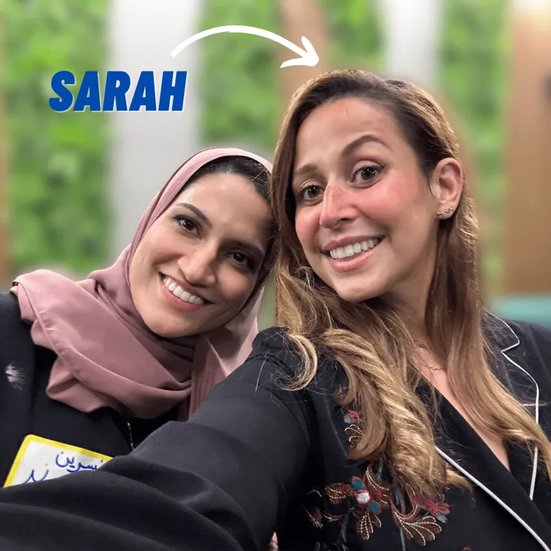 sarah and friend posing with text sarah