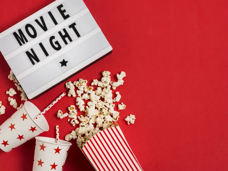 movie night words and drinks and spilt popcorn